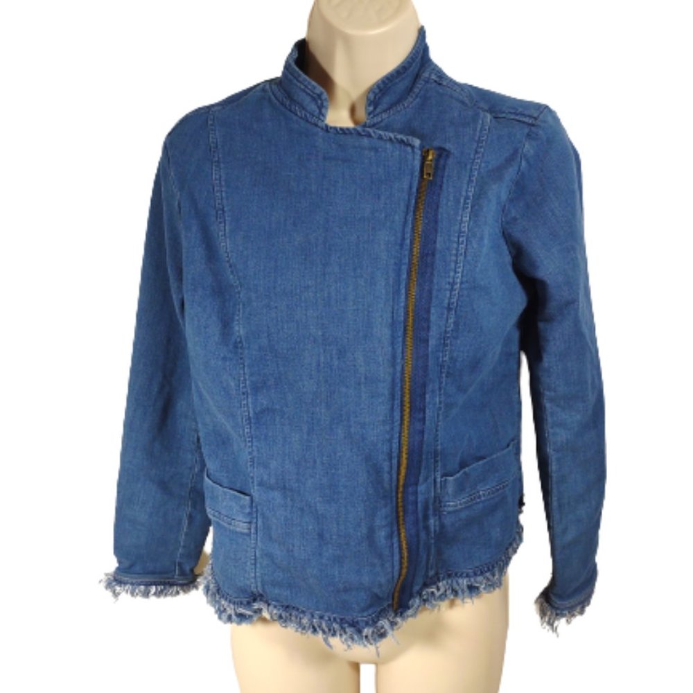 Ella Moss Denim Moto Jacket Asymmetrical Zip Frayed Raw Hem Blue Women's Small